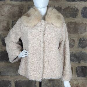 MADE IN Italy Faux‎ Fur Jacket Woman's Cream Snap Lined Curly 3/4 Sleeve Retro
